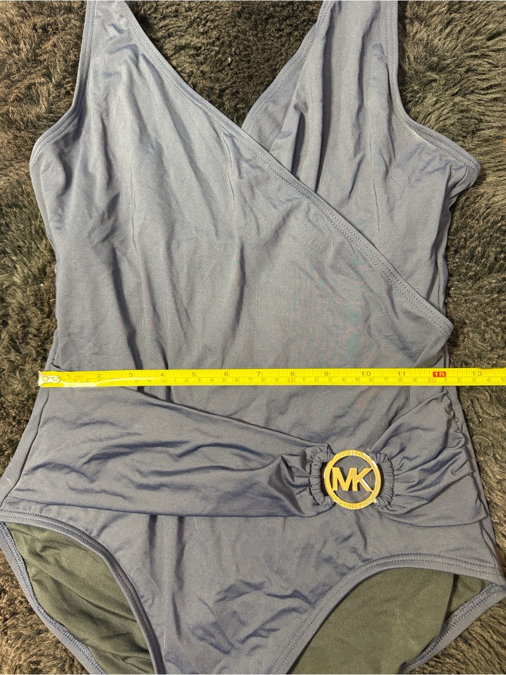 Michael Kors One Piece Blue Swimsuit w/Gold Circle Logo Hardware Women's Sz 12 - Picture 7 of 7